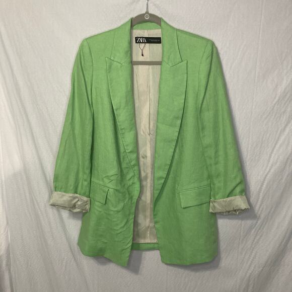 Zara Size Extra Small Green Linen Blend Open Blazer - Picture 1 of 8